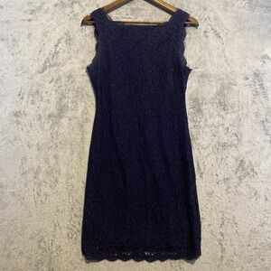 Adrianna Papell Dress Sz 8 Navy Sleeveless Lace Eyelash Fringe Trim Classy Event